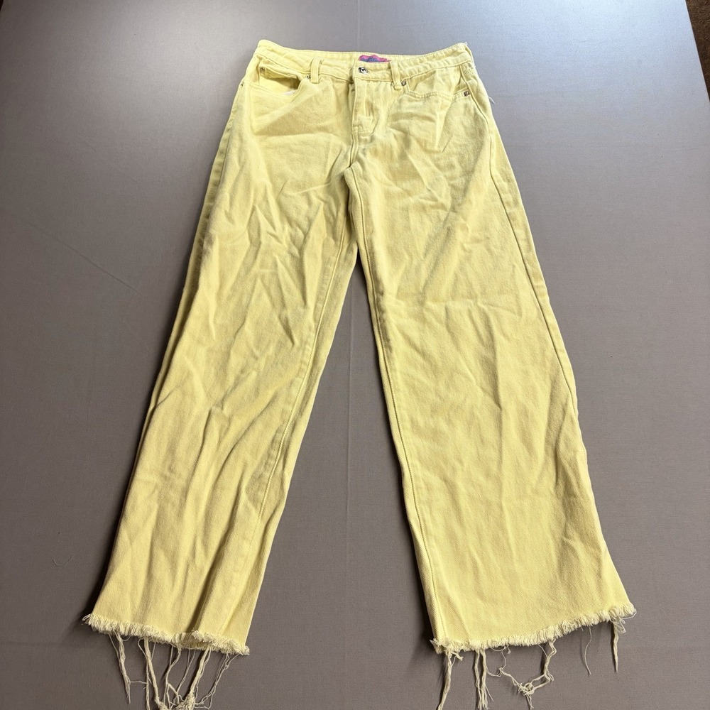 Edikted Jeans Womens S Yellow Wide Leg Raw Hem High Rise Y2K Denim